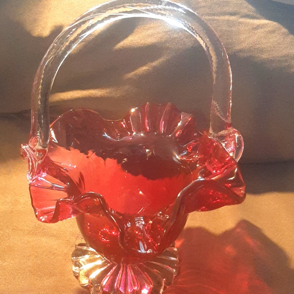 Beautiful hand blown cranberry glass basket